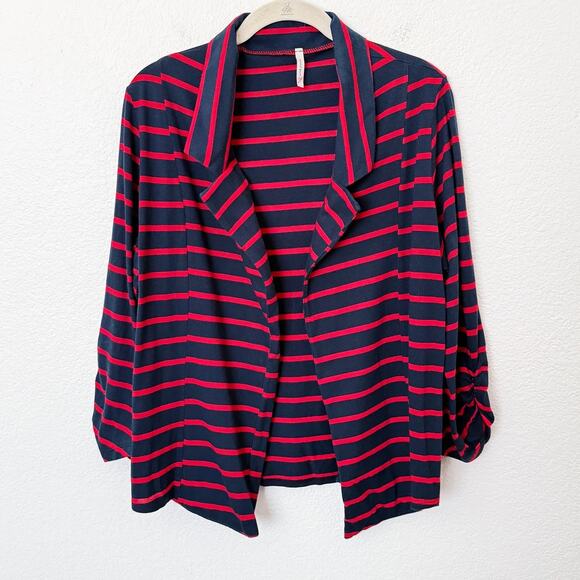 [Olivia Moon] Red Navy Striped Open Front Knit Blazer Jacket 3/4 Sleeves Size XL - Picture 1 of 11